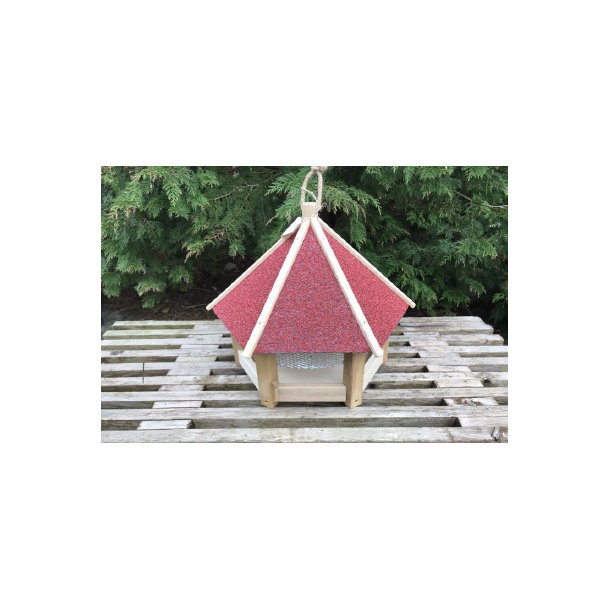 Fuglehus med net, r�dt tagpaptag 44cm